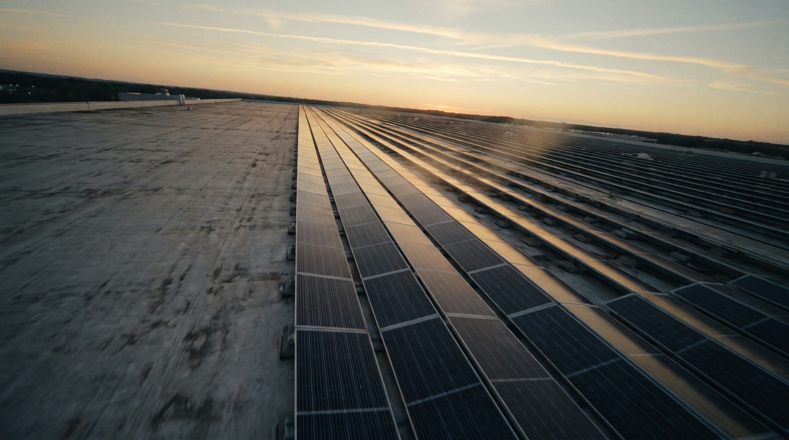 Rooftop solar array at dusk in normal view; drag the slider to reveal the thermal view with damaged panels glowing